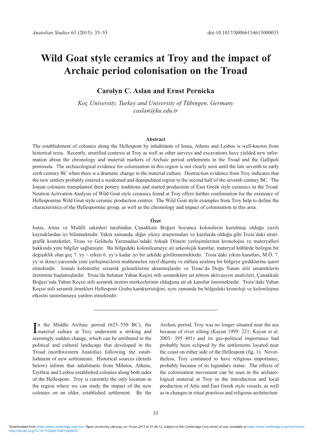 Wild Goat Style Ceramics at Troy and the Impact of Archaic Period Colonisation on the Troad