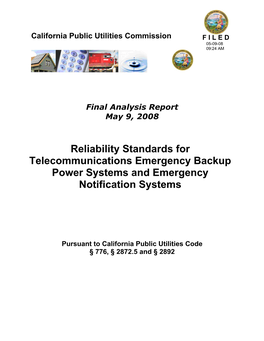 Reliability Standards for Telecommunications Emergency Backup Power Systems and Emergency Notification Systems