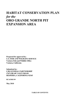 HABITAT CONSERVATION PLAN for the ORO GRANDE NORTH PIT EXPANSION AREA