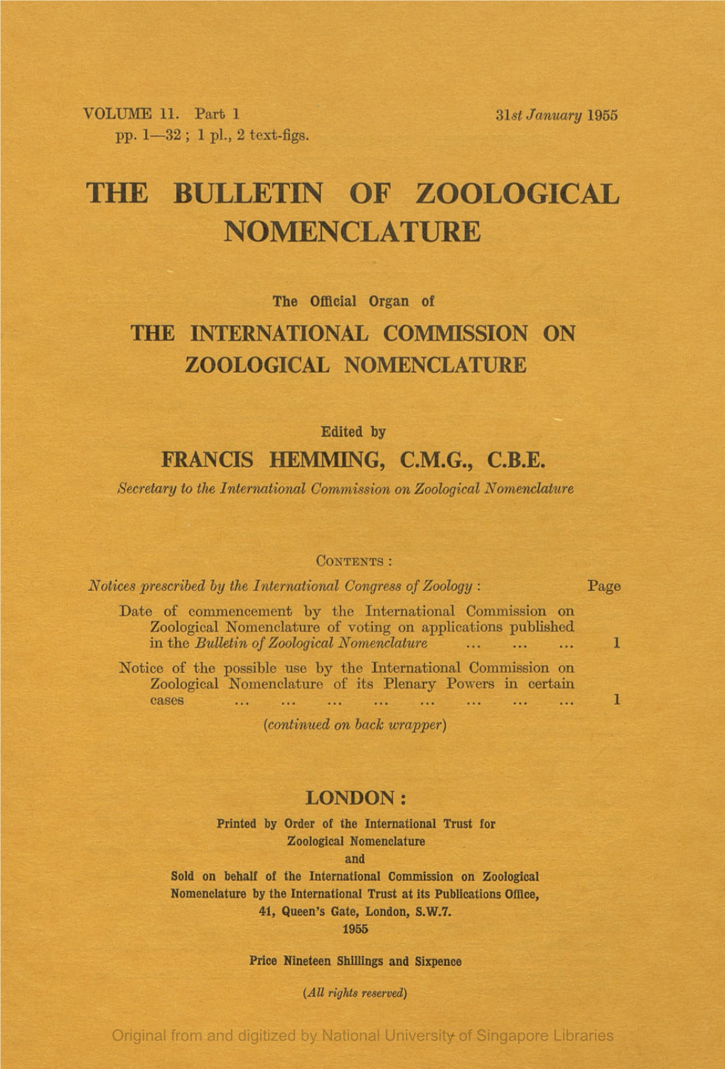 The Bulletin of Zoological Nomenclature. Vol 11, Part 1