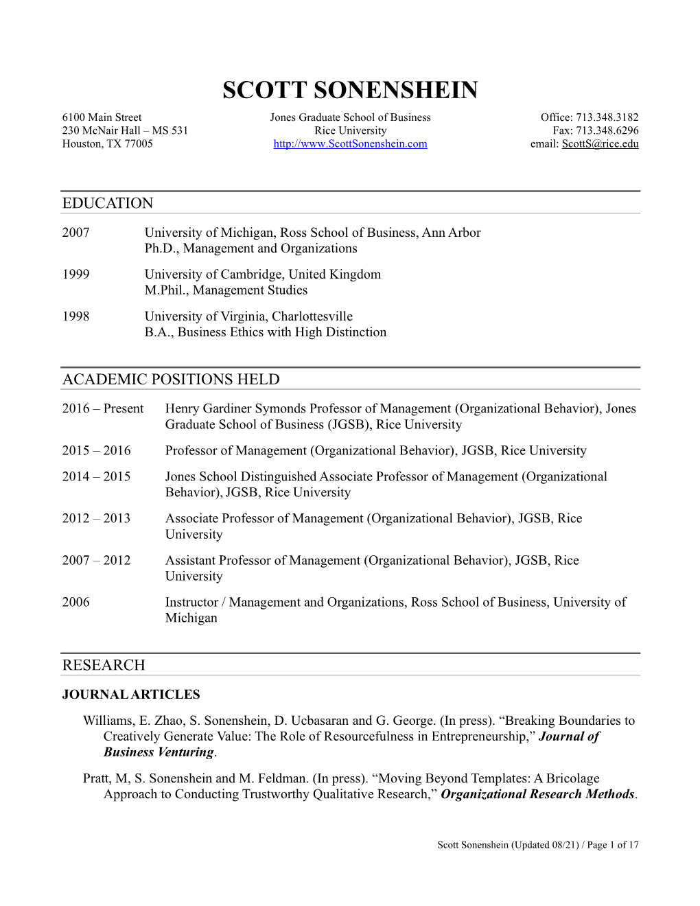 Scott Sonenshein CV