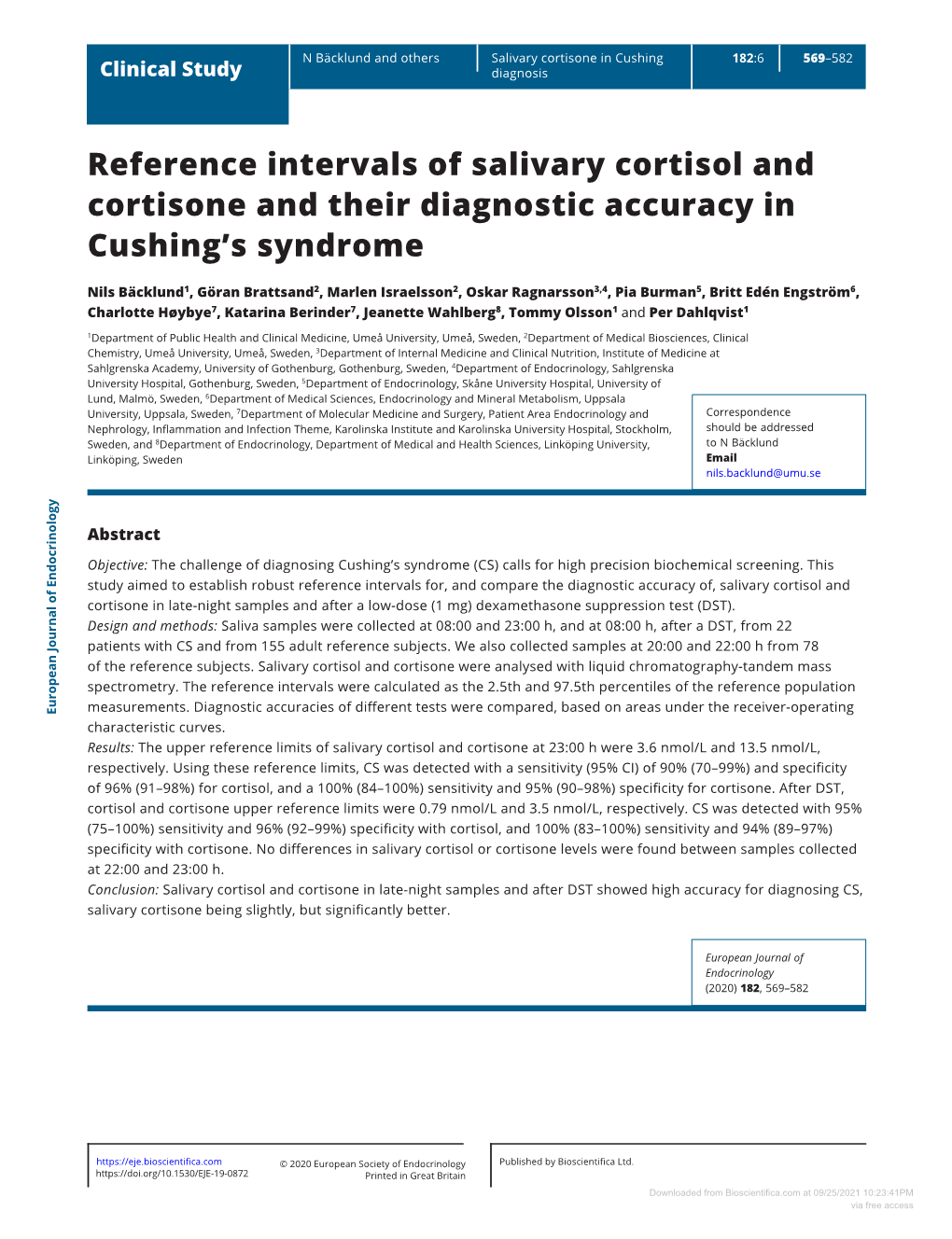 Reference Intervals of Salivary Cortisol and Cortisone and Their Diagnostic Accuracy in Cushing’S Syndrome