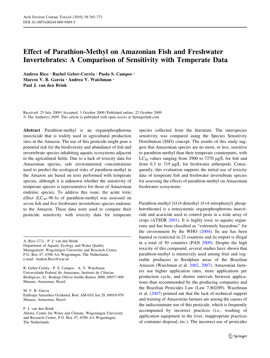 Effect of Parathion-Methyl on Amazonian Fish and Freshwater Invertebrates: a Comparison of Sensitivity with Temperate Data