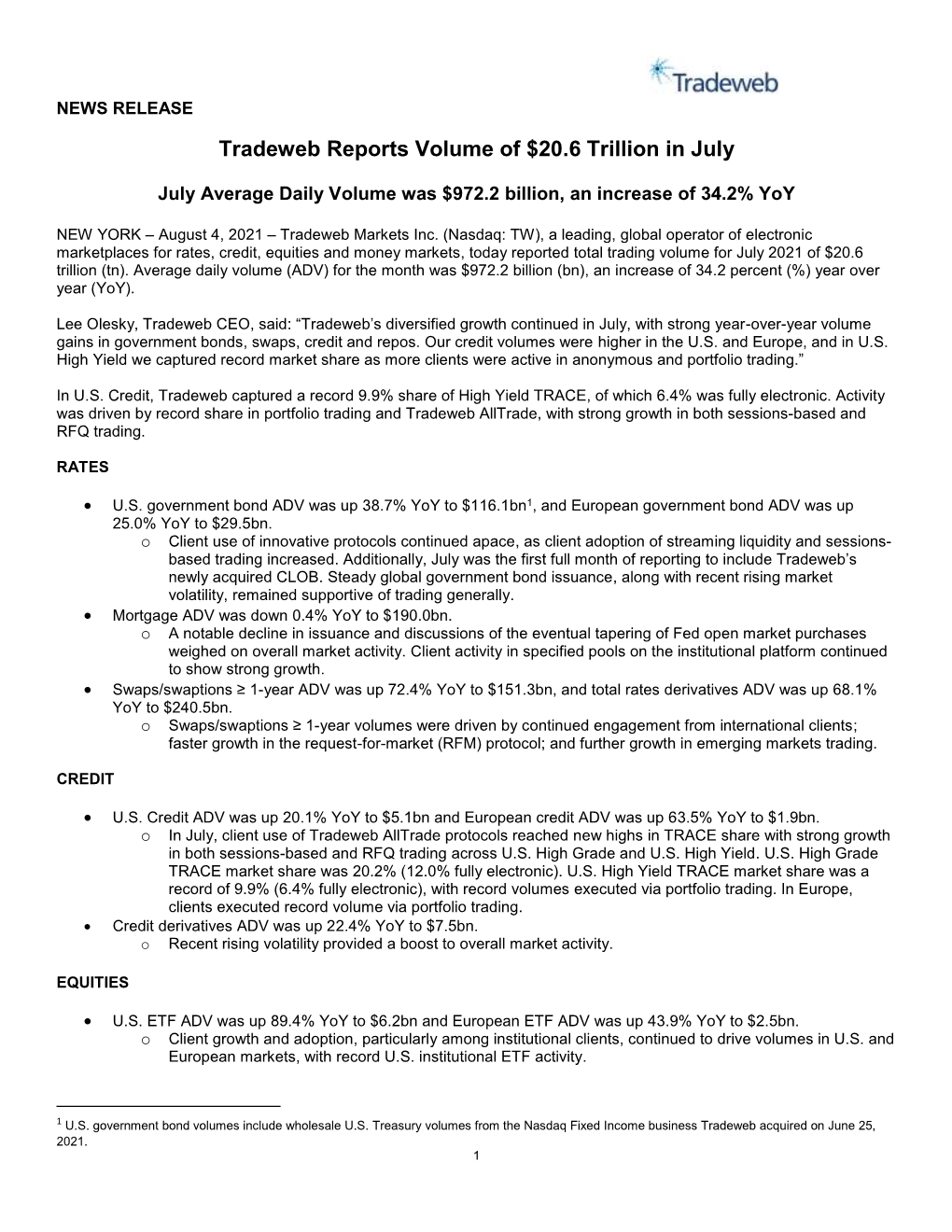 Tradeweb Markets July 2021 MAR Press Release Final.Pdf