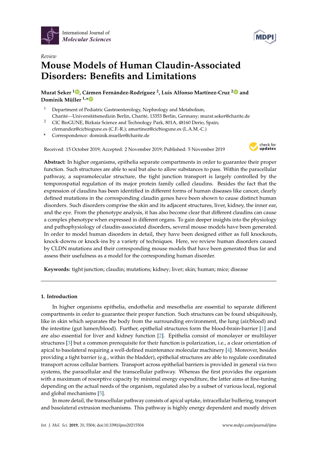 Mouse Models of Human Claudin-Associated Disorders: Beneﬁts and Limitations