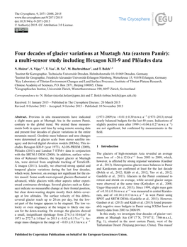 Four Decades of Glacier Variations at Muztagh Ata (Eastern Pamir): a Multi-Sensor Study Including Hexagon KH-9 and Pléiades Data