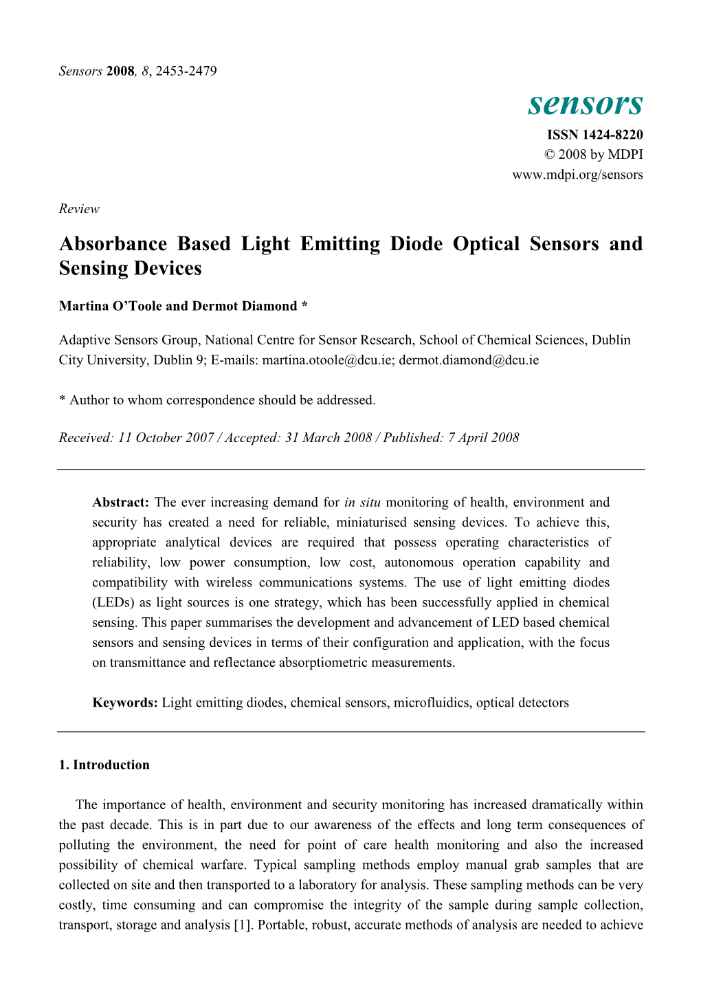 Absorbance Based Light Emitting Diode Optical Sensors and Sensing Devices