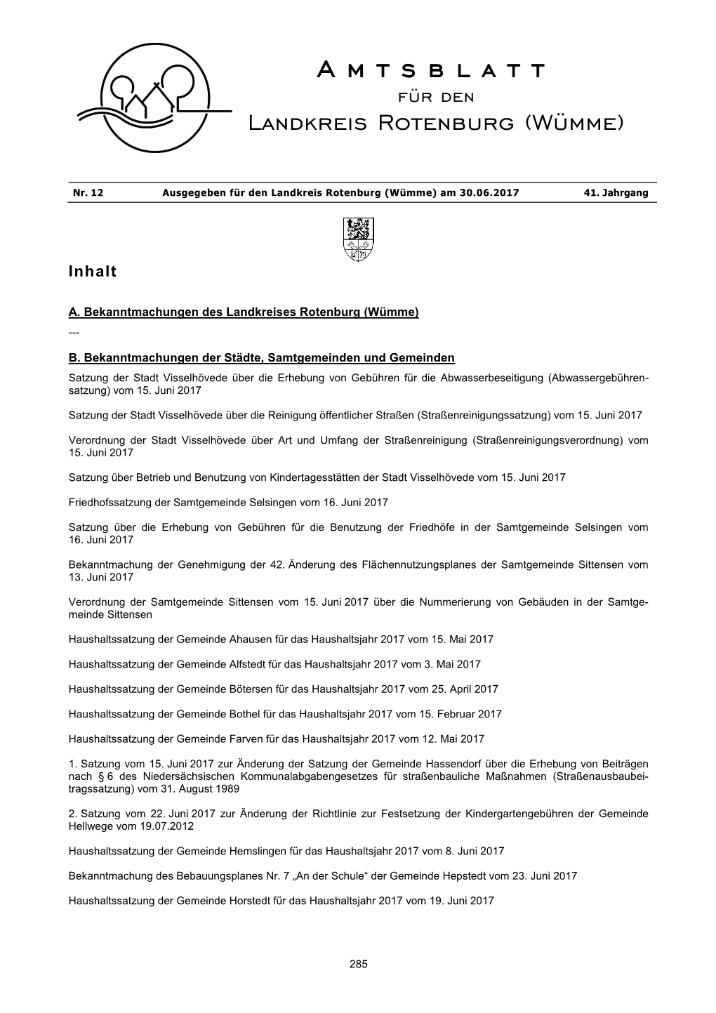 Amtsblatt Landkreis Rotenburg (Wümme) Vom 30.06.2017 Nr