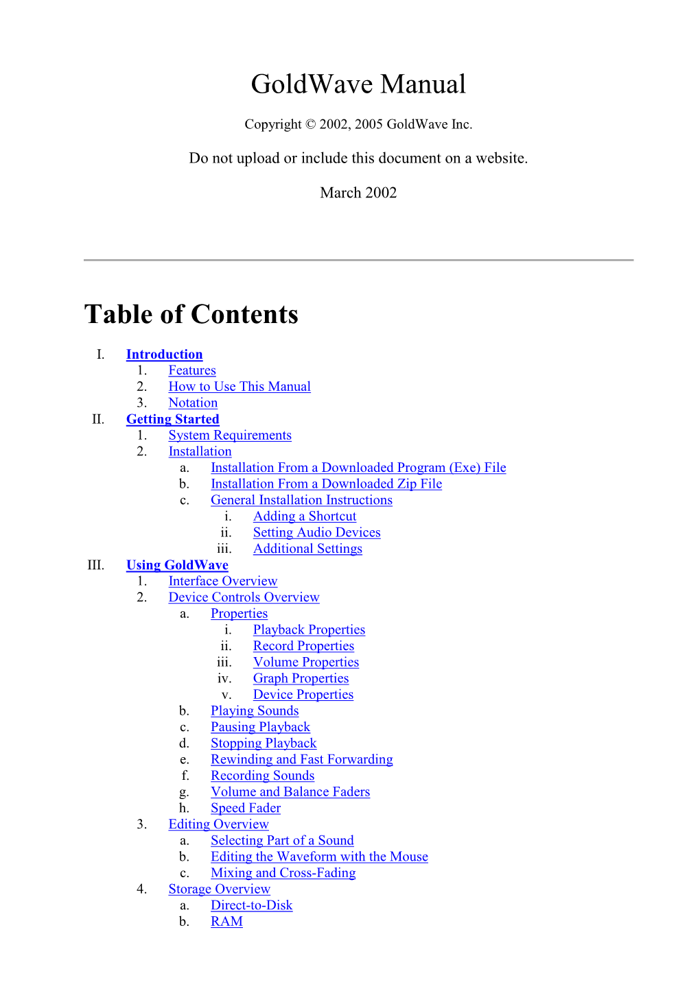 Goldwave Manual Table of Contents