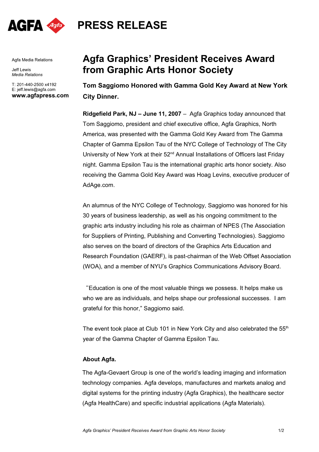 Agfa Graphics President Receives Award from Graphic Arts Honor Society