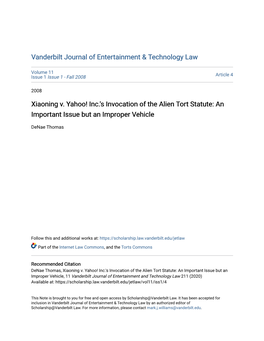 Xiaoning V. Yahoo! Inc.'S Invocation of the Alien Tort Statute: an Important Issue but an Improper Vehicle