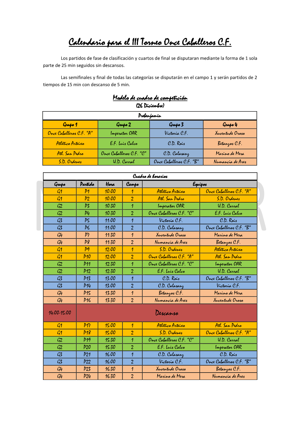 Calendario Para El III Torneo Once Caballeros C.F