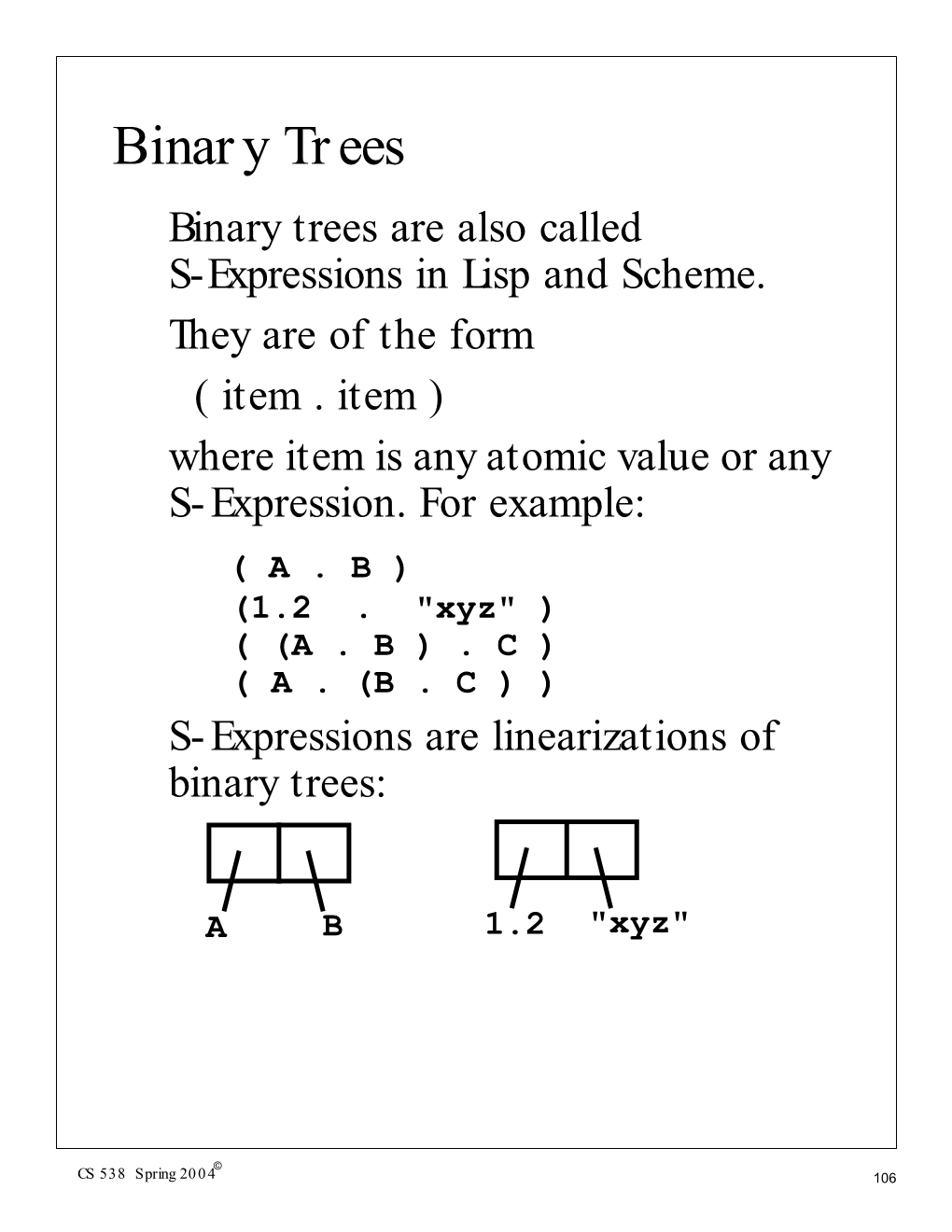 Binary Trees Binary Trees Are Also Called S-Expressions in Lisp and Scheme