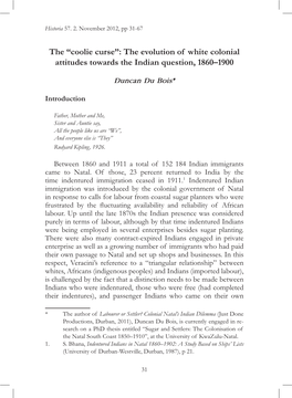The “Coolie Curse”: the Evolution of White Colonial Attitudes Towards the Indian Question, 1860–1900