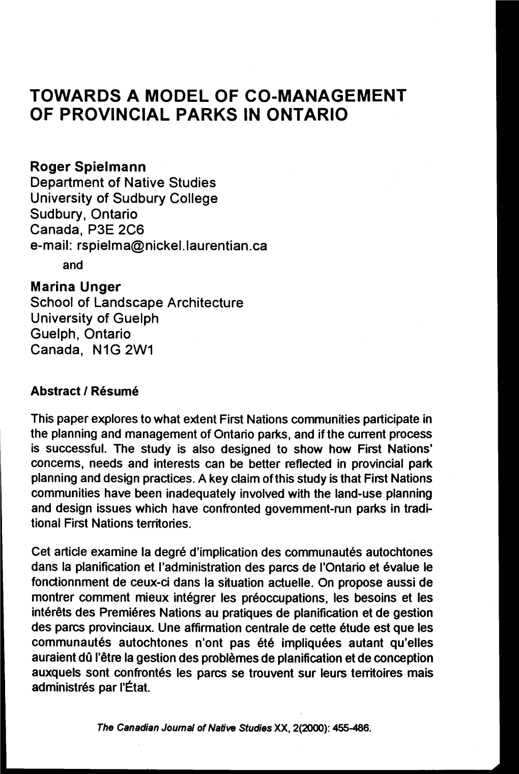 Towards a Model of Co-Management of Provincial Parks in Ontario