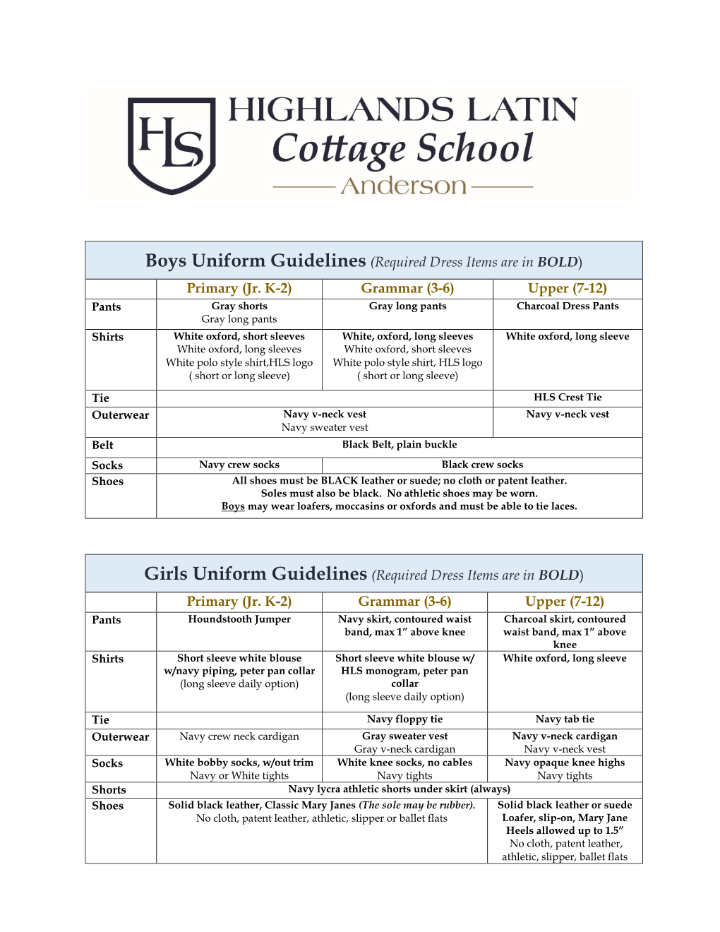 HLS Anderson Uniform Requirements