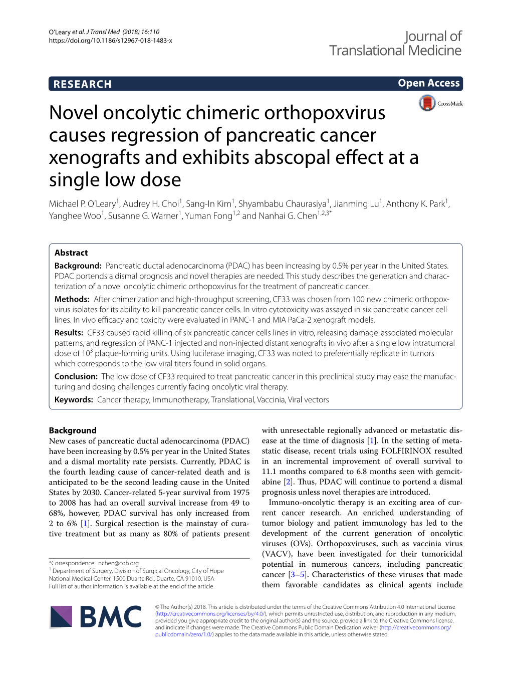 Novel Oncolytic Chimeric Orthopoxvirus Causes Regression of Pancreatic Cancer Xenografts and Exhibits Abscopal Efect at a Single Low Dose Michael P