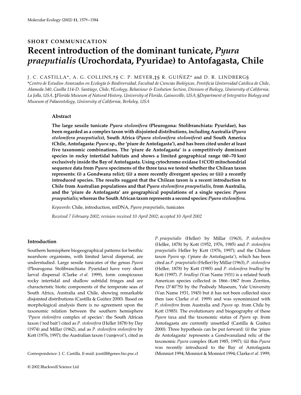 Recent Introduction of the Dominant Tunicate, Pyura Praeputialis (Urochordata, Pyuridae) to Antofagasta, Chile