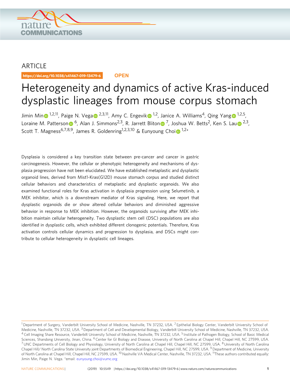 Heterogeneity and Dynamics of Active Kras-Induced Dysplastic Lineages from Mouse Corpus Stomach