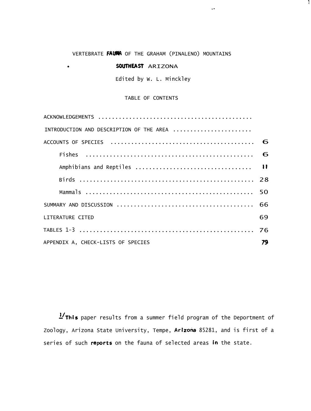 Vertebrate Fauna of the Graham (Pinaleno) Mountains