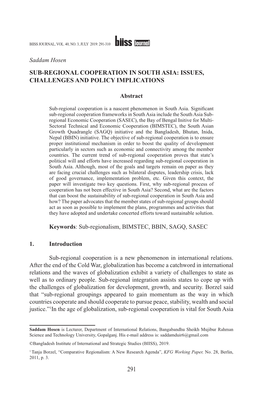 Sub-Regional Cooperation in South Asia: Issues, Challenges and Policy Implications