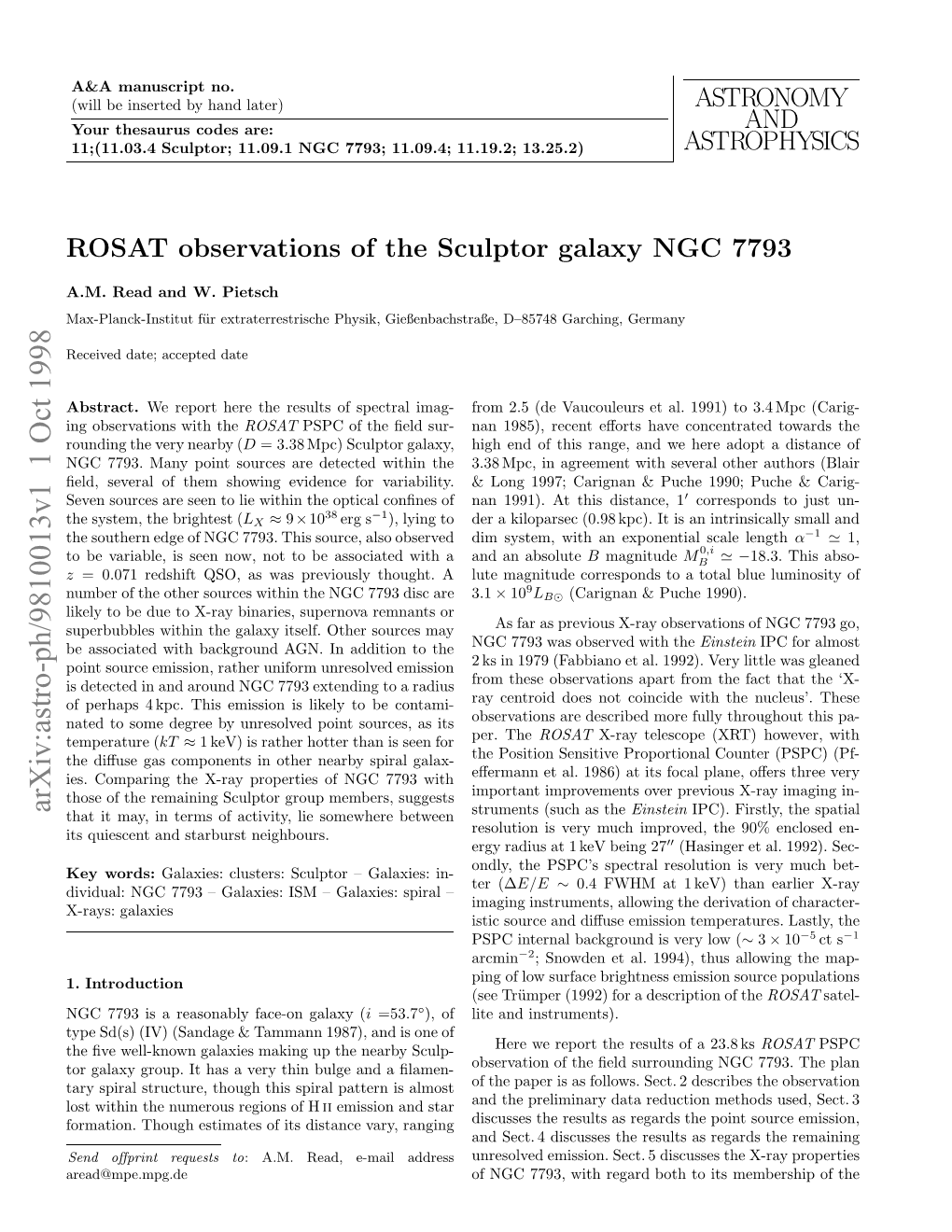 Astro-Ph/9810013V1 1 Oct 1998 N Bevtoswt the with Observations Ing Abstract