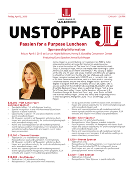 Passion for a Purpose Luncheon Sponsorship Information Friday, April 5, 2019 at Stars at Night Ballroom, Henry B