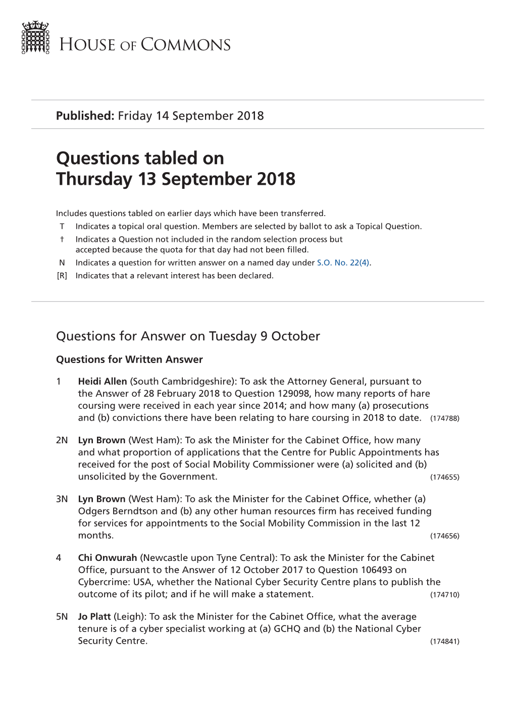 Questions Tabled on Thu 13 Sep 2018