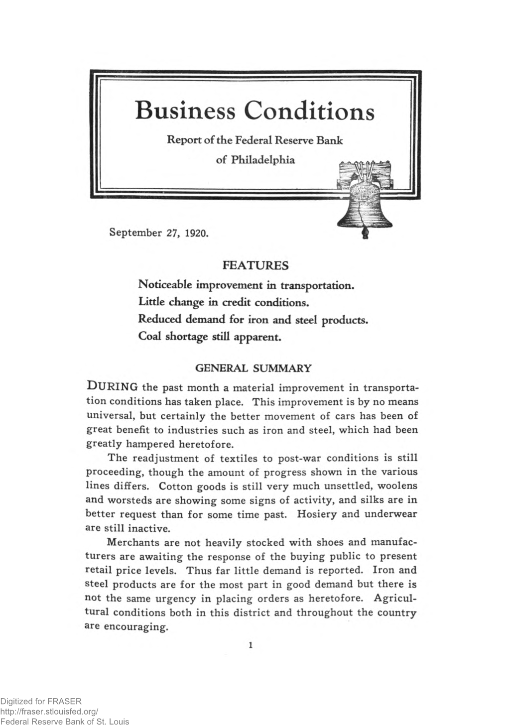 Business Review: September 27, 1920
