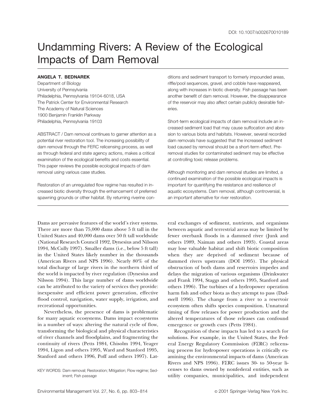 Undamming Rivers: a Review of the Ecological Impacts of Dam Removal