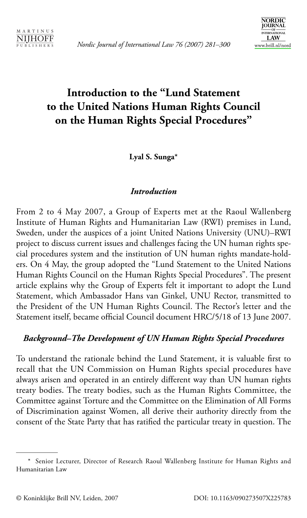 Lund Statement to the United Nations Human Rights Council on the Human Rights Special Procedures”