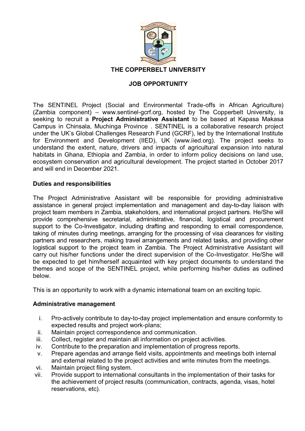 THE COPPERBELT UNIVERSITY JOB OPPORTUNITY the SENTINEL