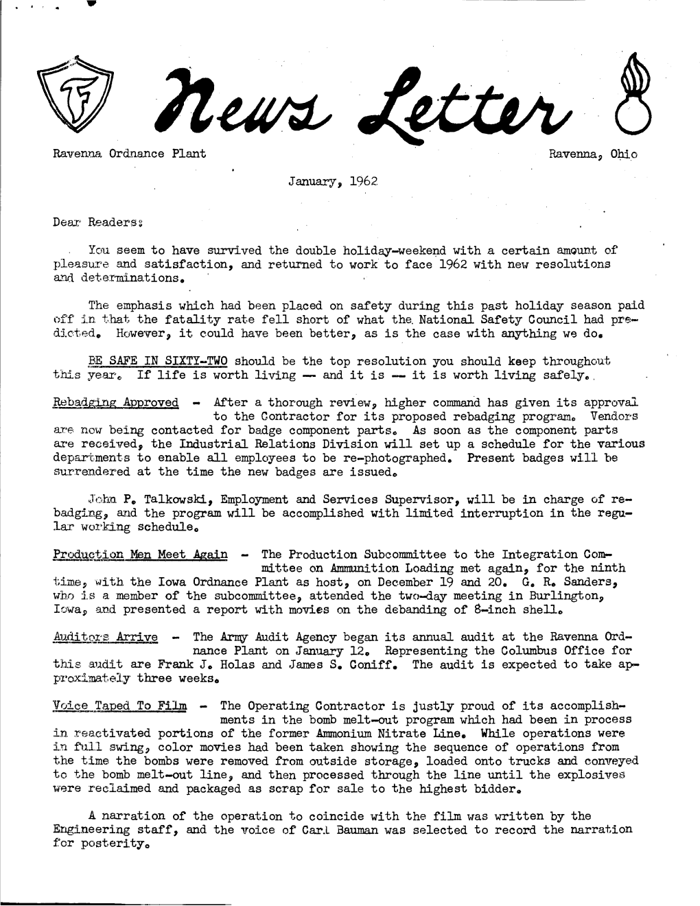 Ravenna Arsenal News Letter for CY 1962