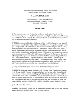 1 the Association for Diplomatic Studies and Training Foreign Affairs Oral History Project F. ALLEN (TEX) HARRIS Interviewed