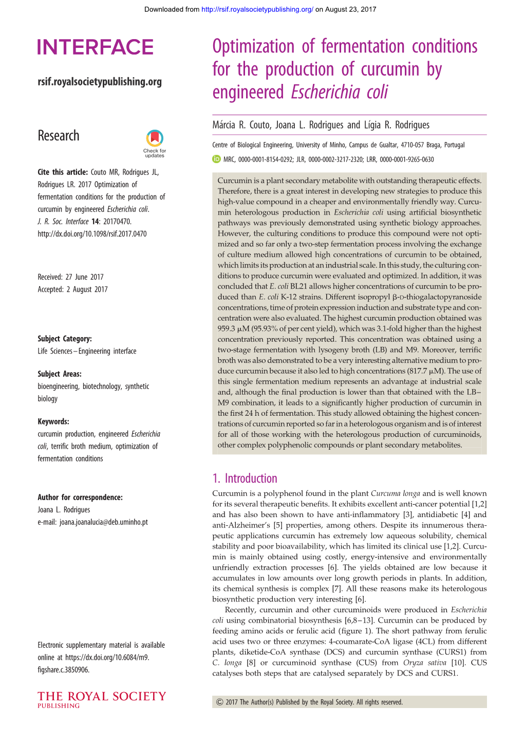 Optimization of Fermentation Conditions for the Production of Curcumin by Rsif.Royalsocietypublishing.Org Engineered Escherichia Coli