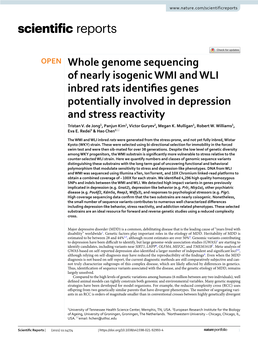 Whole Genome Sequencing of Nearly Isogenic WMI and WLI Inbred Rats Identifes Genes Potentially Involved in Depression and Stress Reactivity Tristan V