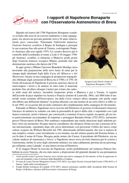 I Rapporti Di Napoleone Bonaparte Con L'osservatorio Astronomico Di Brera