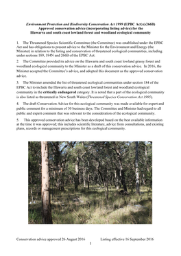 Approved Conservation Advice (Incorporating Listing Advice) for the Illawarra and South Coast Lowland Forest and Woodland Ecological Community