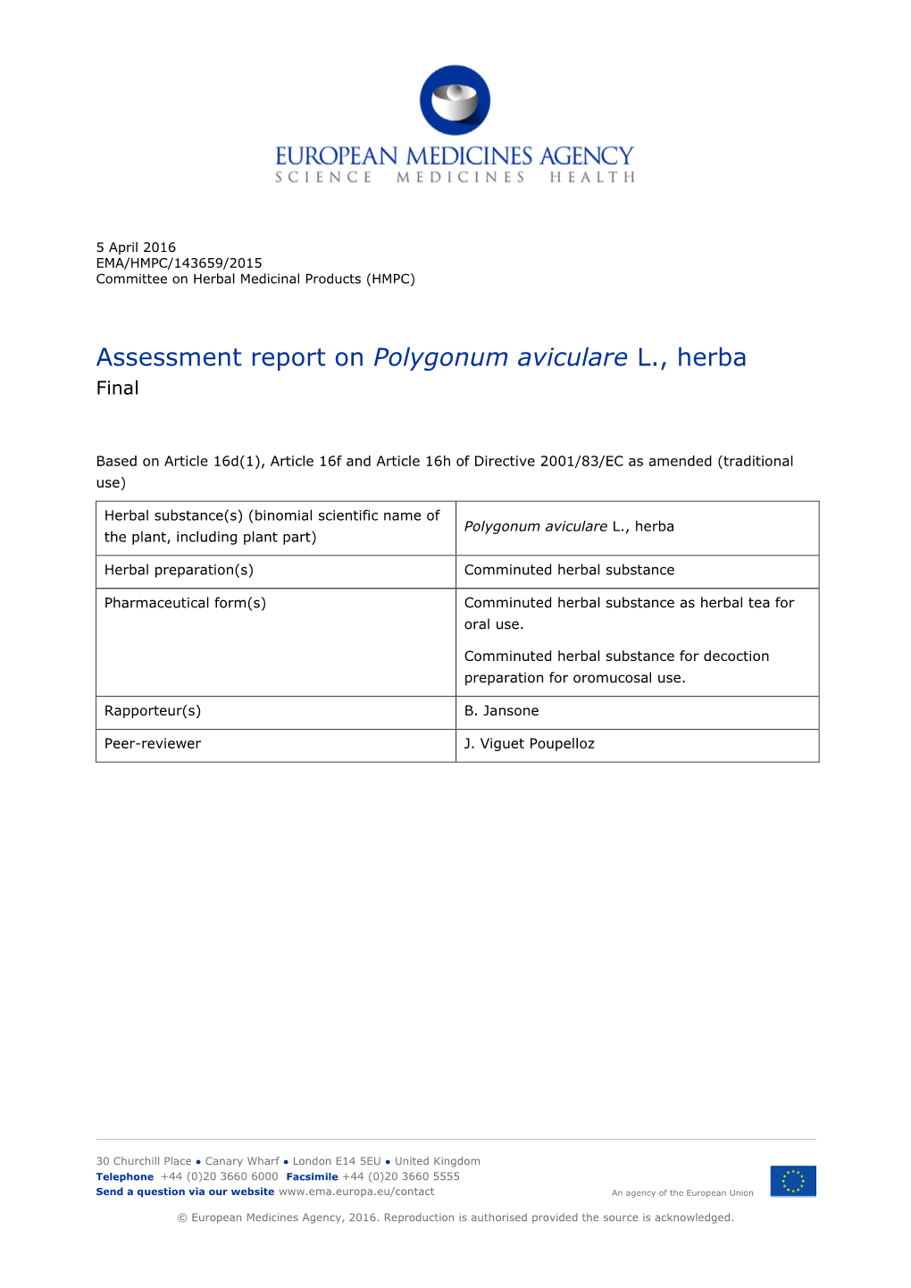 Assessment Report on Polygonum Aviculare L., Herba Final