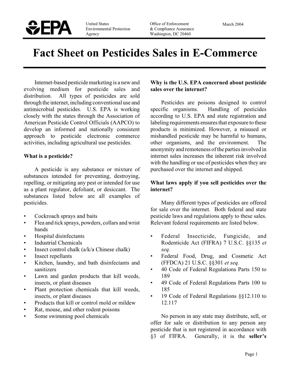 EPA Fact Sheet on Pesticides Sales in E-Commerce
