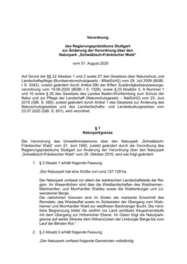 Verordnung Des Regierungspräsidiums Stuttgart Zur Änderung Der Verordnung Über Den Naturpark „Schwäbisch-Fränkischer Wald“ Vom 29