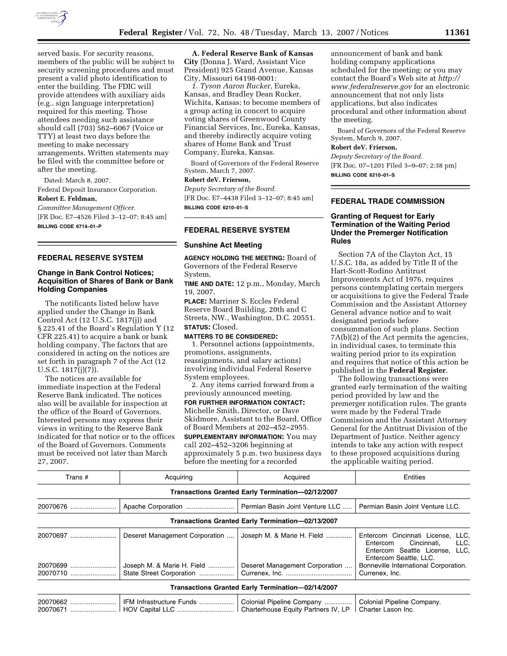 Federal Register/Vol. 72, No. 48/Tuesday, March 13, 2007/Notices