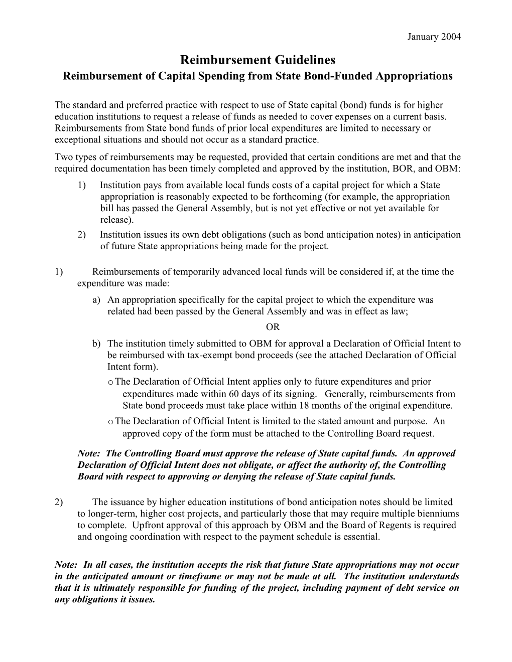 Reimbursement of Project Costs from State Capital Appropriations