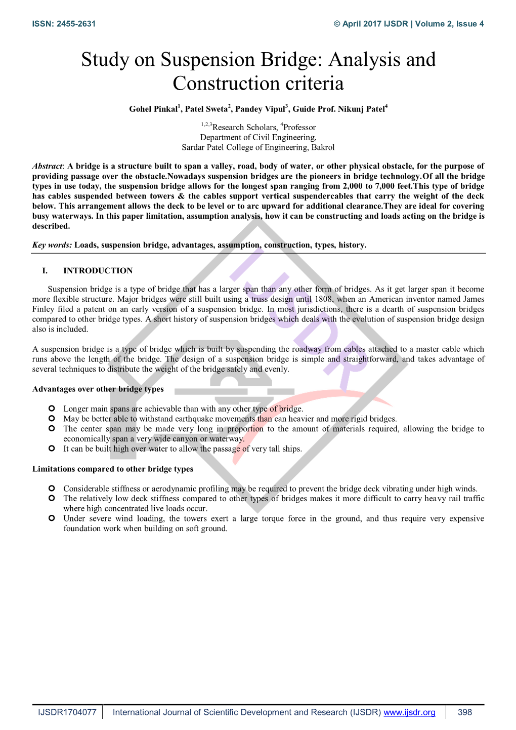 Study on Suspension Bridge: Analysis and Construction Criteria