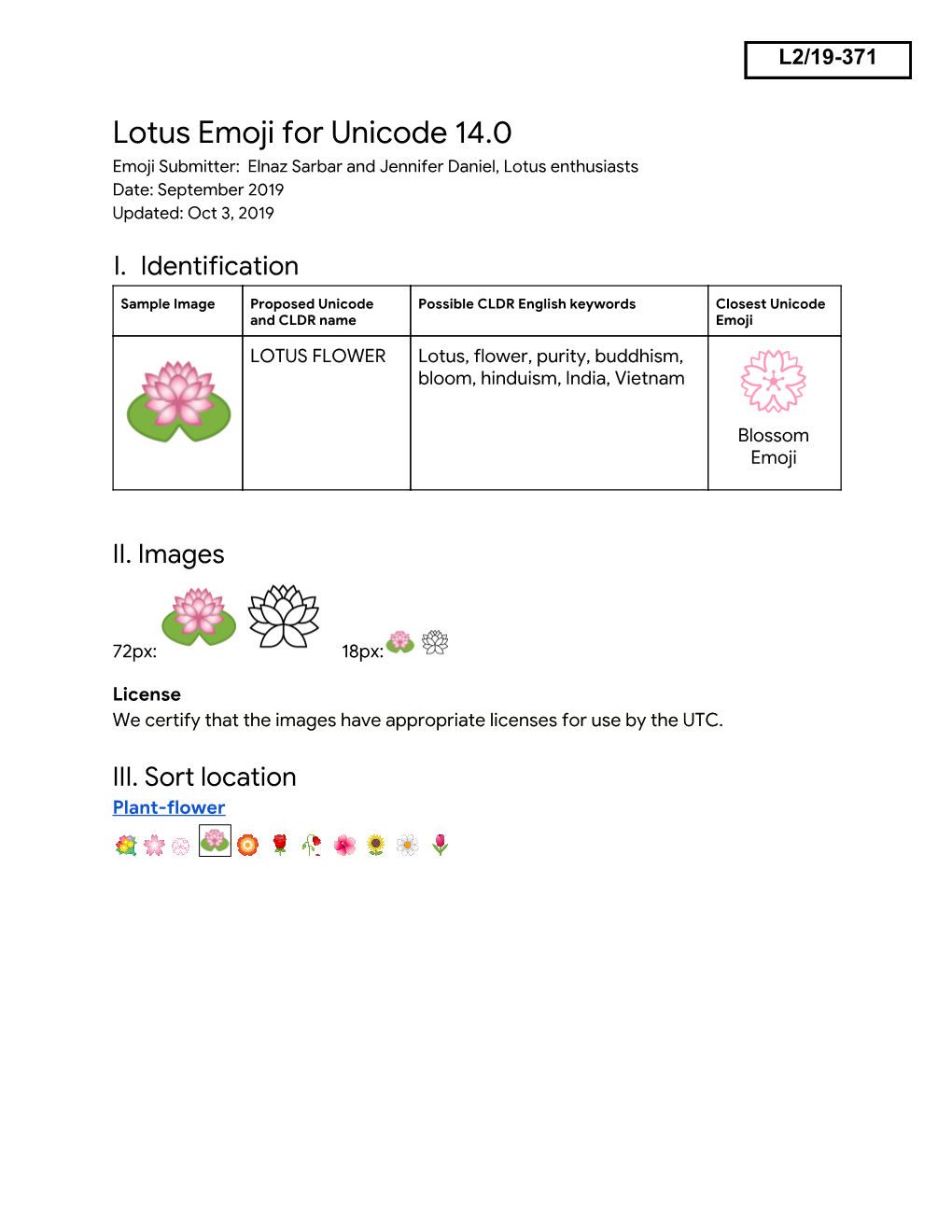 Lotus Emoji for Unicode 14.0 Emoji Submitter: Elnaz Sarbar and Jennifer Daniel, Lotus Enthusiasts Date: September 2019 Updated: Oct 3, 2019