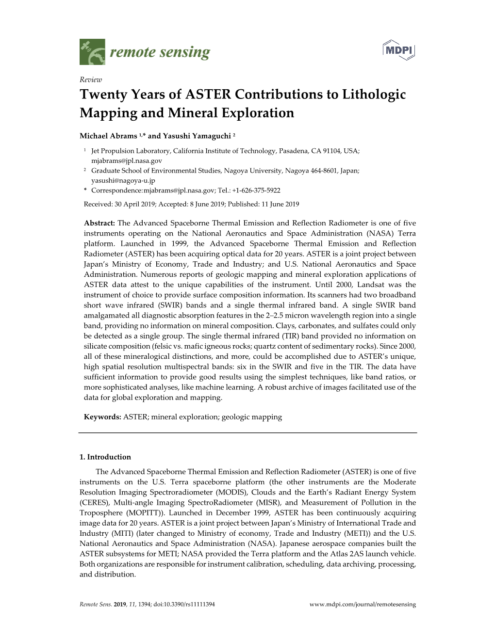 Twenty Years of ASTER Contributions to Lithologic Mapping and Mineral Exploration