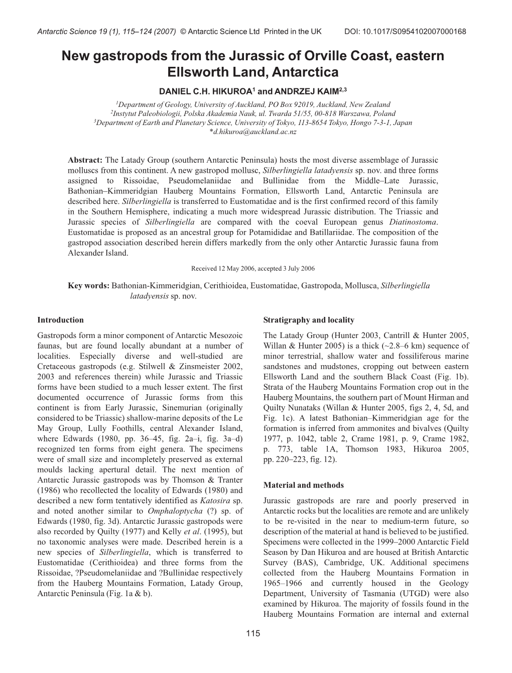 New Gastropods from the Jurassic of Orville Coast, Eastern Ellsworth Land, Antarctica DANIEL C.H