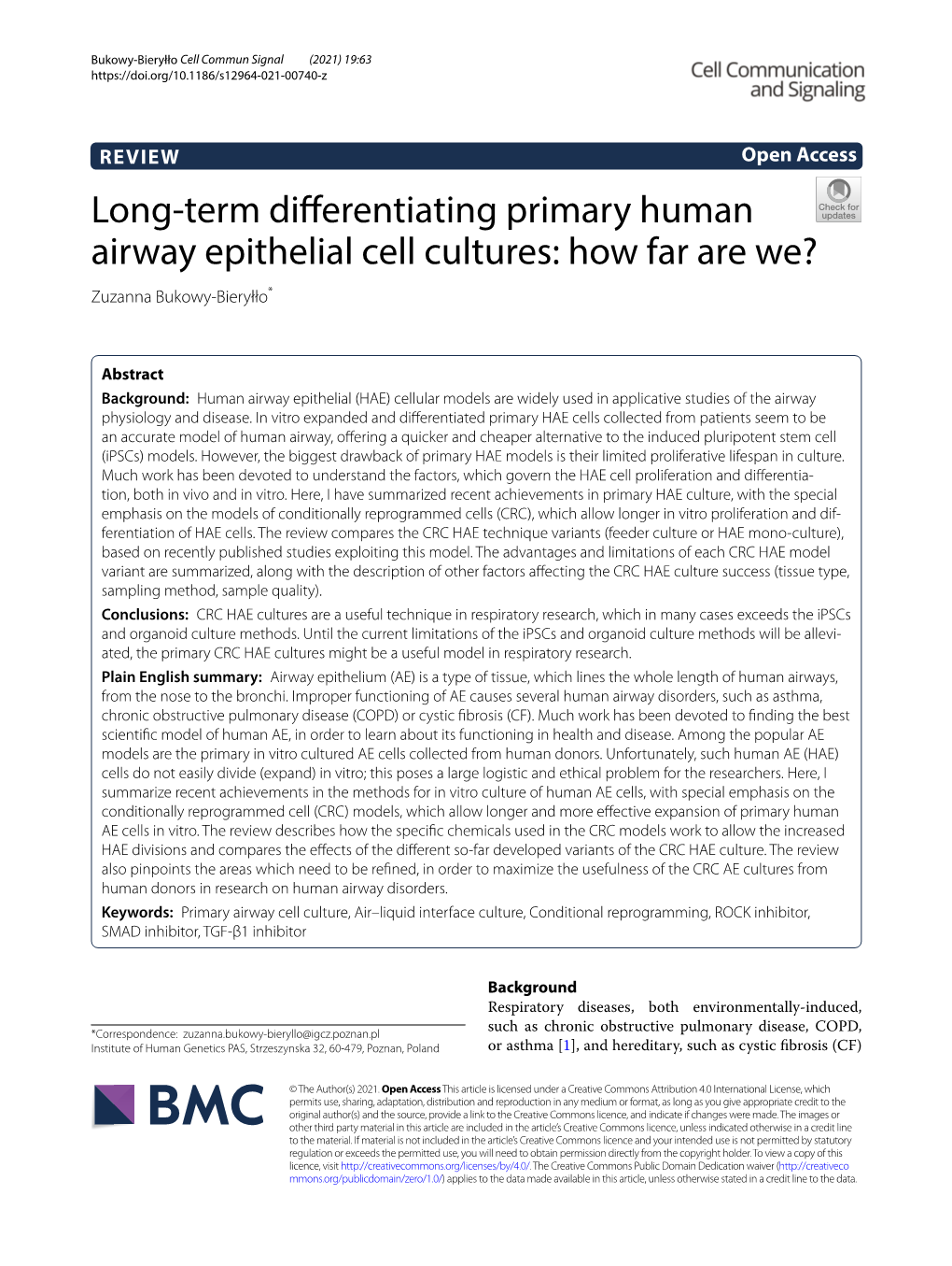 Long-Term Differentiating Primary Human Airway Epithelial Cell Cultures