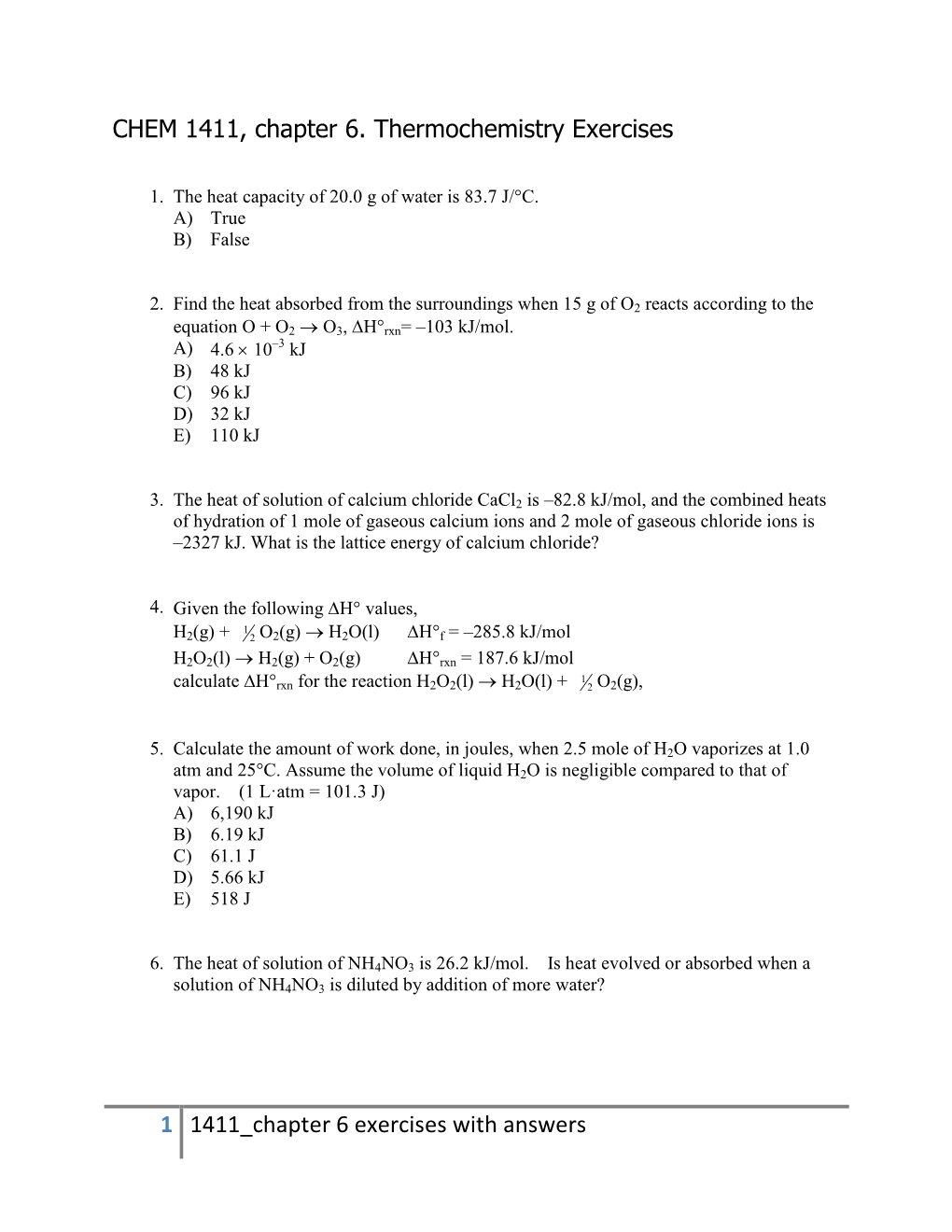 1 1411 Chapter 6 Exercises with Answers CHEM 1411, Chapter 6