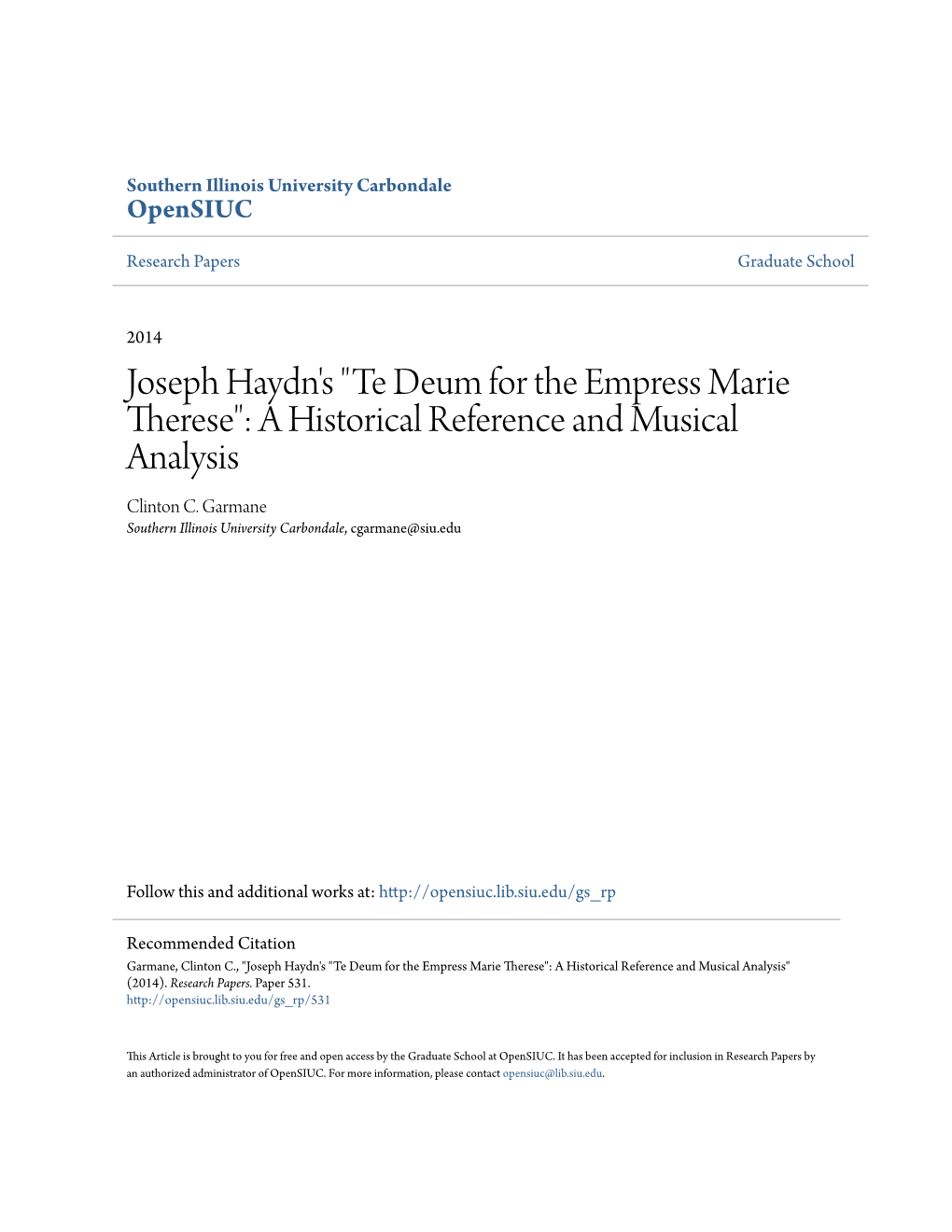 Joseph Haydn's "Te Deum for the Empress Marie Therese": a Historical Reference and Musical Analysis Clinton C